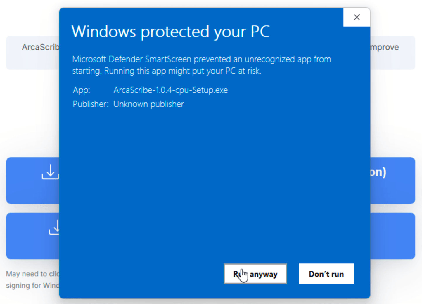 The Windows protected your PC dialog with More info expanded and the Run anyway button visible