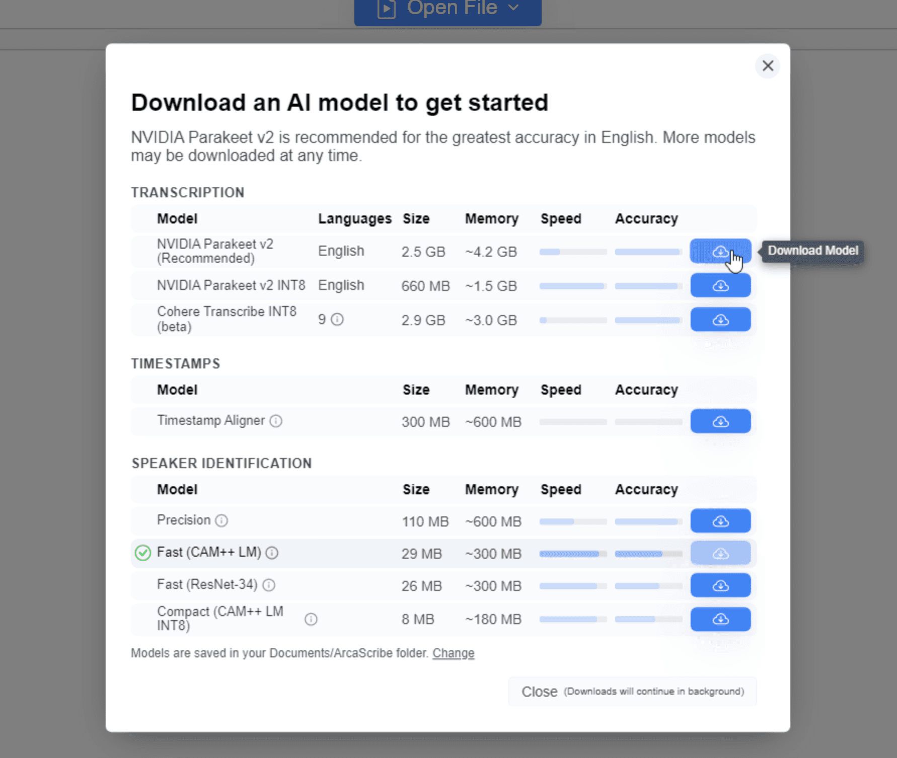 The Download an AI model to get started dialog with NVIDIA Parakeet v2 listed under Transcription