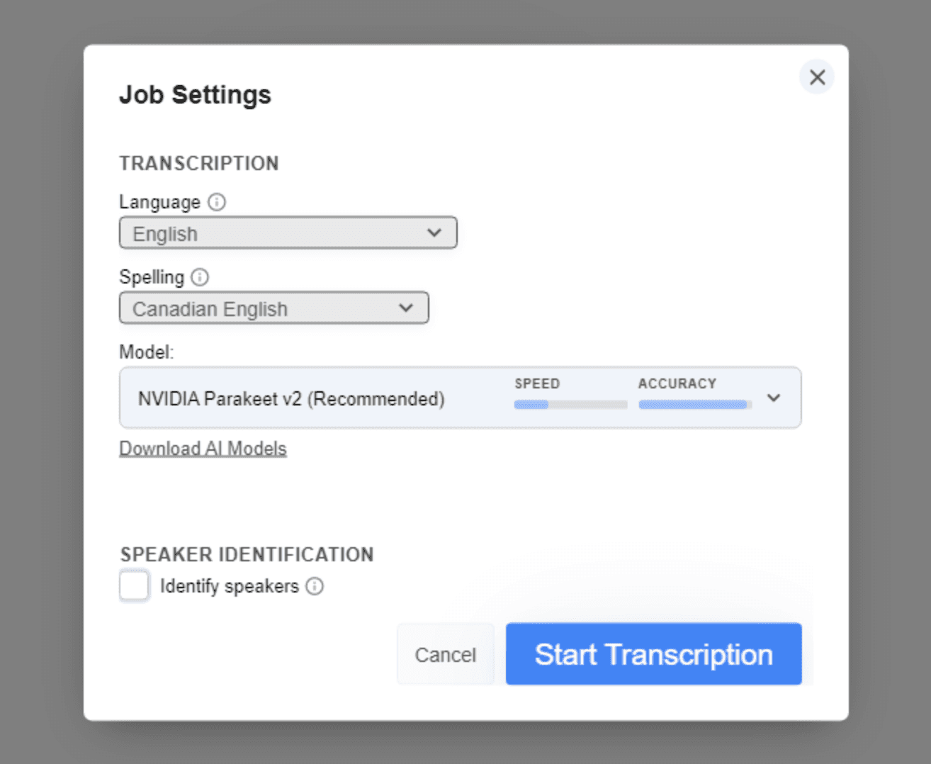 The Job Settings dialog showing Language set to English, Spelling set to Canadian English, and the transcription model