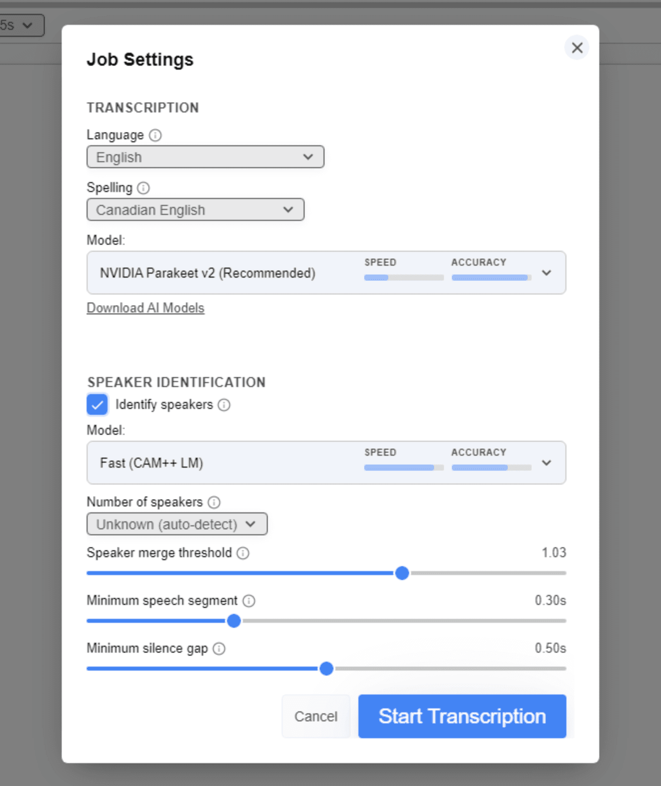 The Job Settings dialog with Identify speakers ticked, revealing the speaker model and detection options