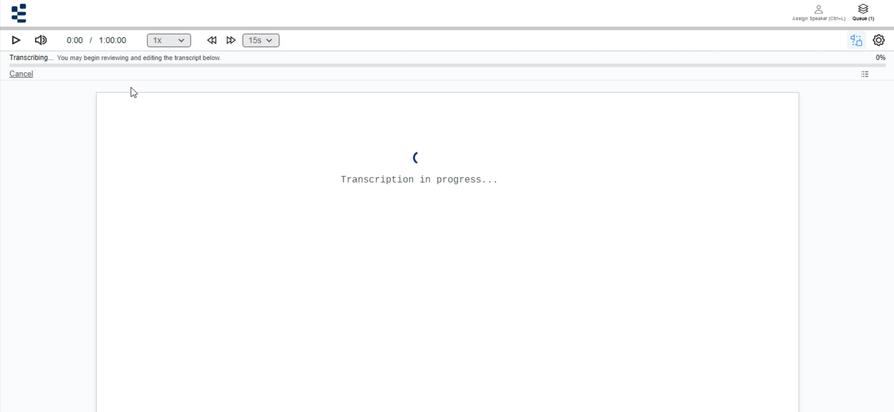 ArcaScribe showing a transcription progress bar with a percentage while transcript text appears below