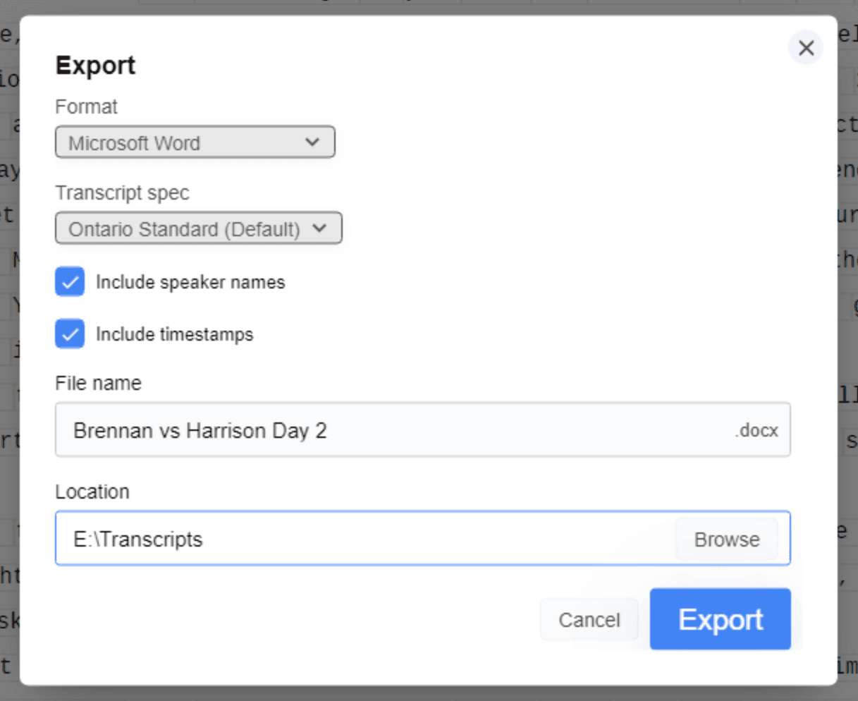 The Export dialog with Microsoft Word selected as the format and Ontario Standard as the transcript spec