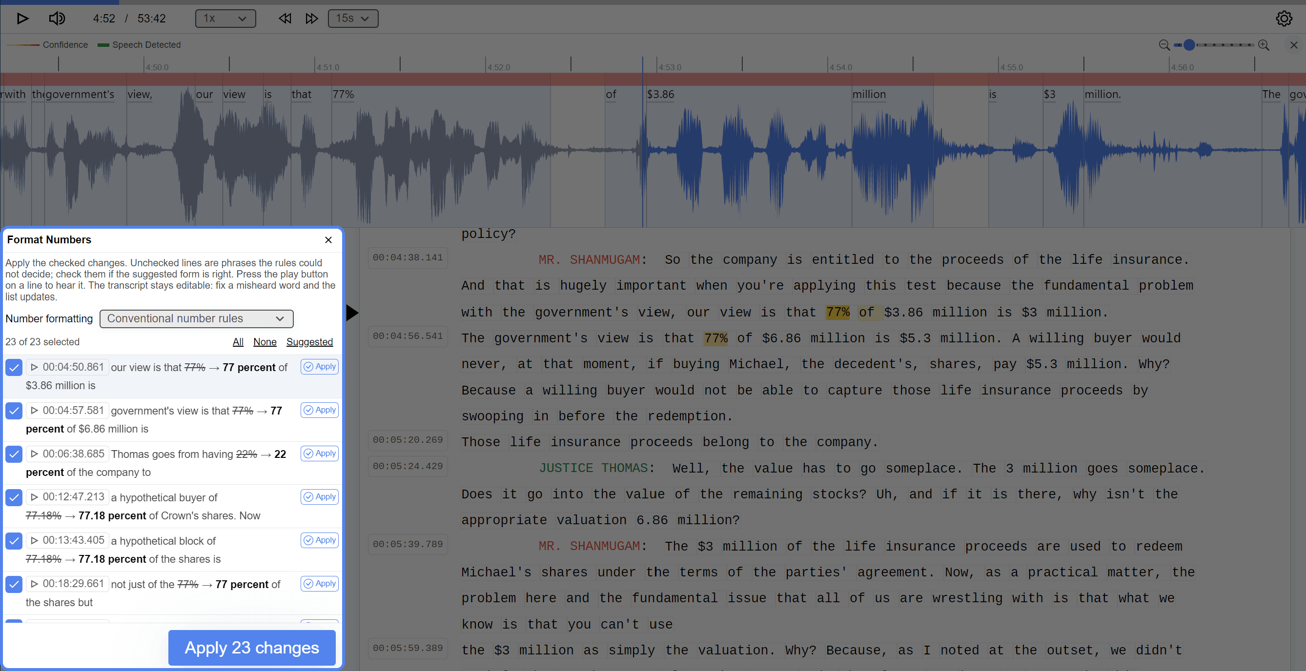 The Format Numbers panel highlighted beside the transcript, listing proposed changes such as 77% to 77 percent, each with a checkbox, play button, timestamp and Apply button