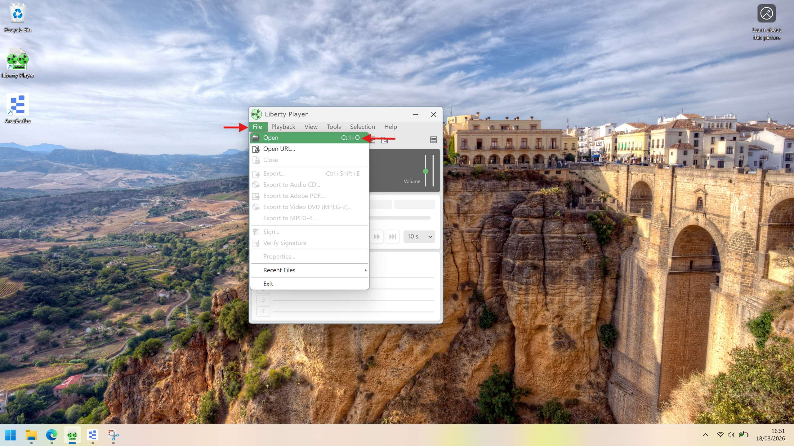 Liberty Player with the File menu open, showing the Open option highlighted