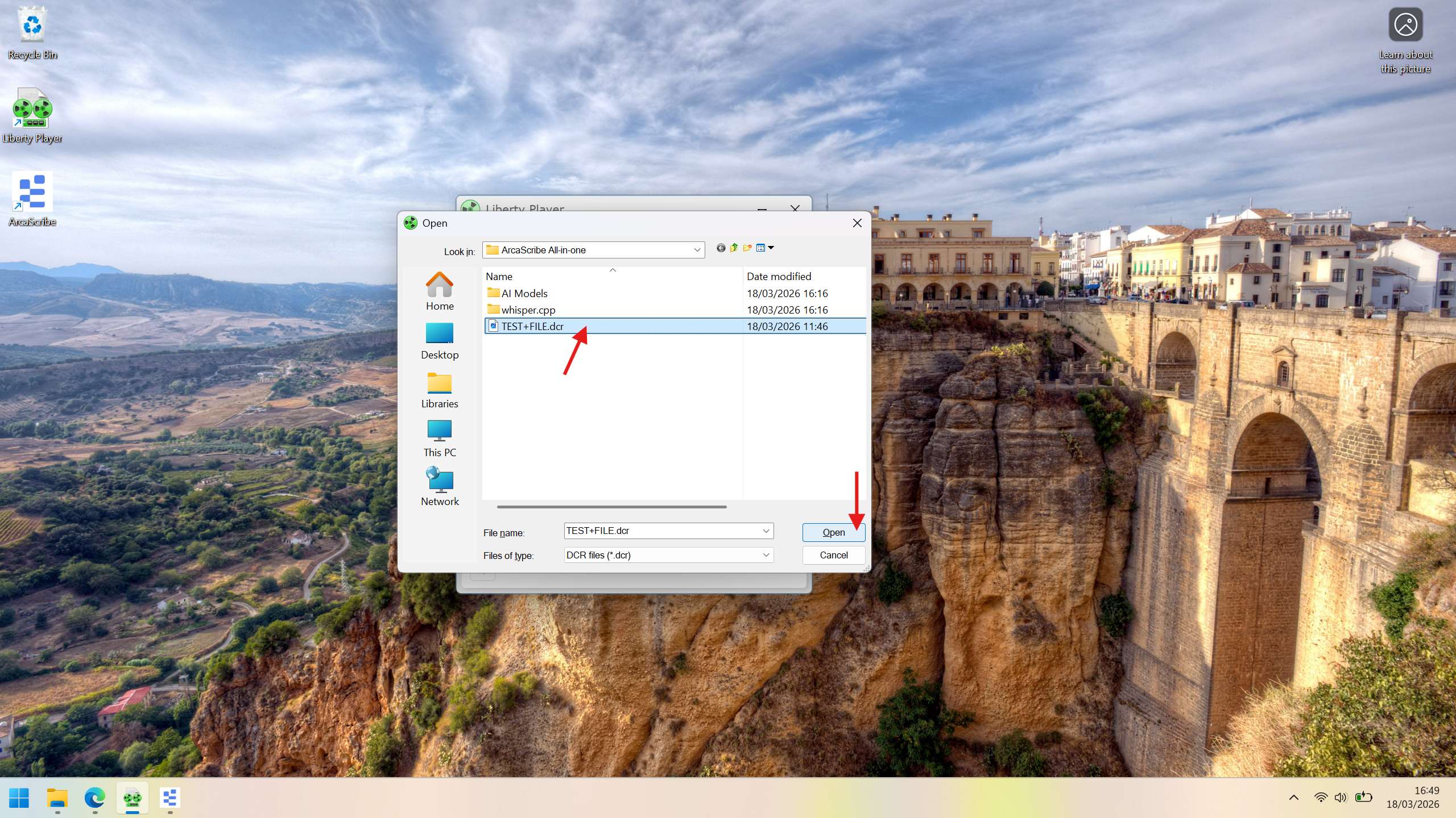 Windows file explorer with a Liberty file selected and the Open button visible