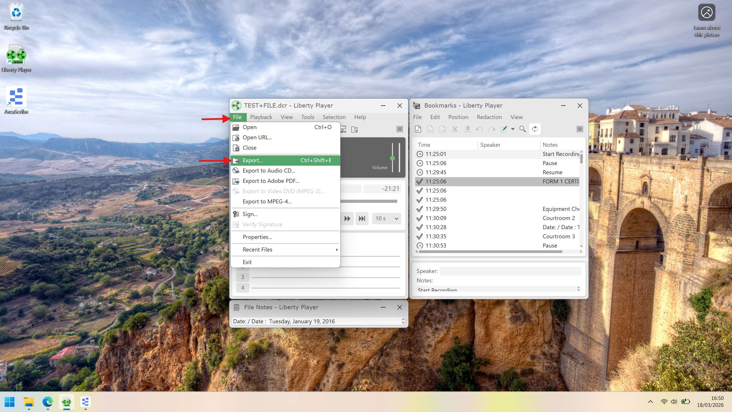 Liberty Player File menu with the Export option highlighted