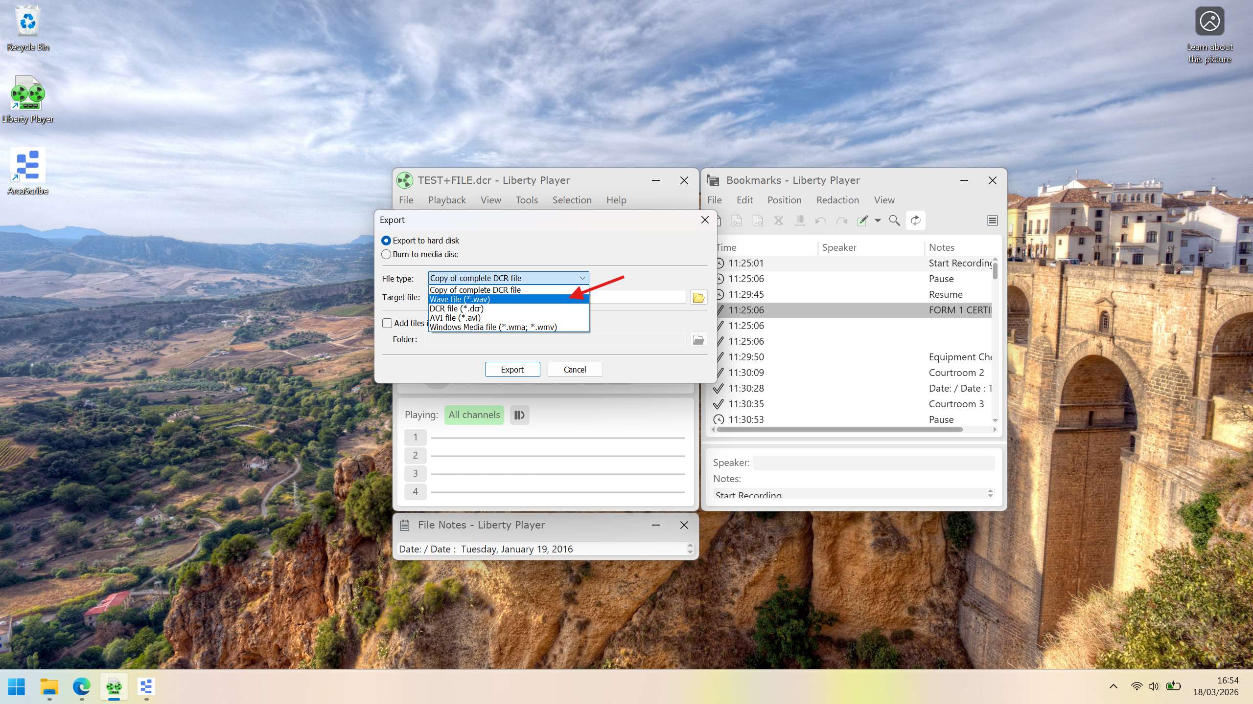 Export window with the File type dropdown changed to Wave file (*.wav)