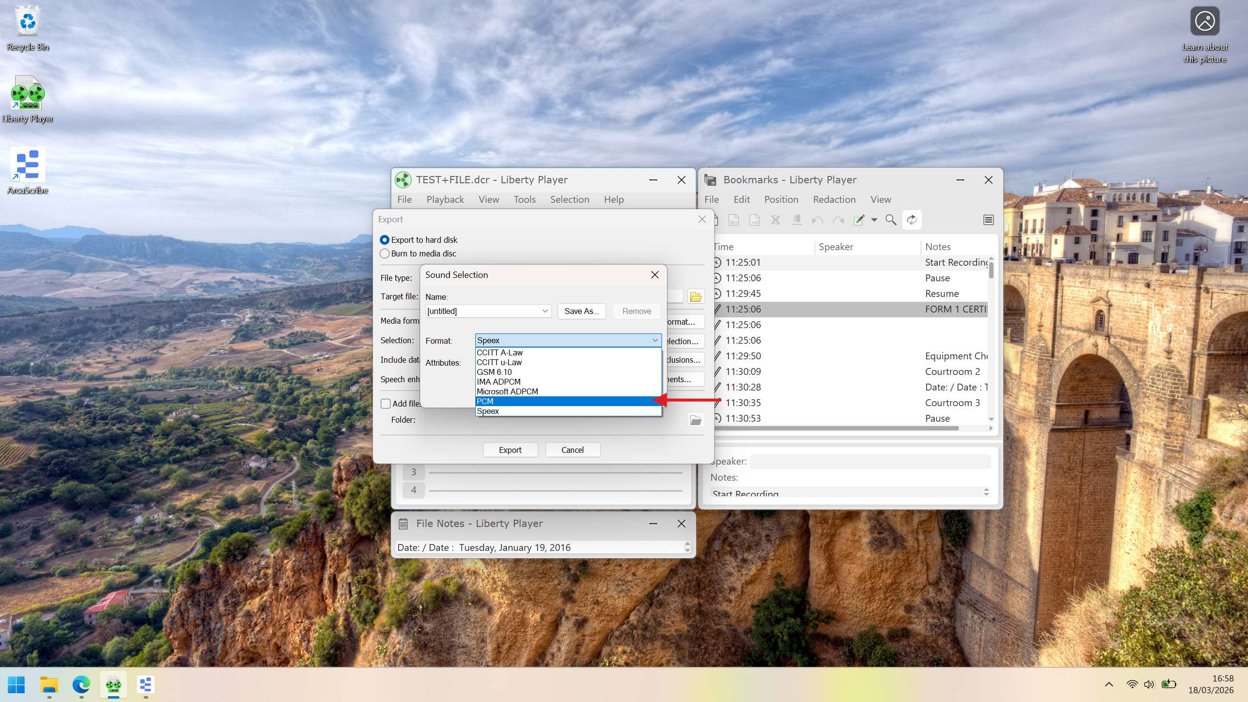 Sound Selection window with the Format dropdown set to PCM