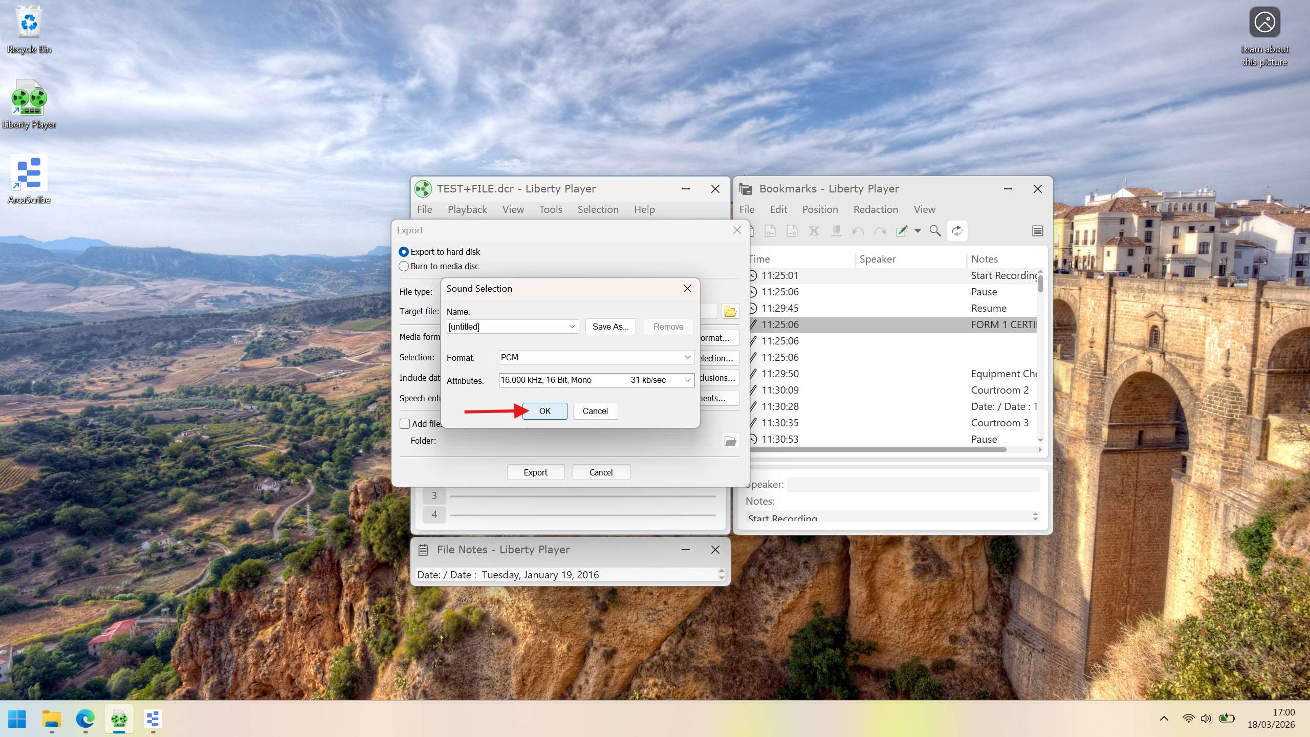 Sound Selection window with the OK button highlighted