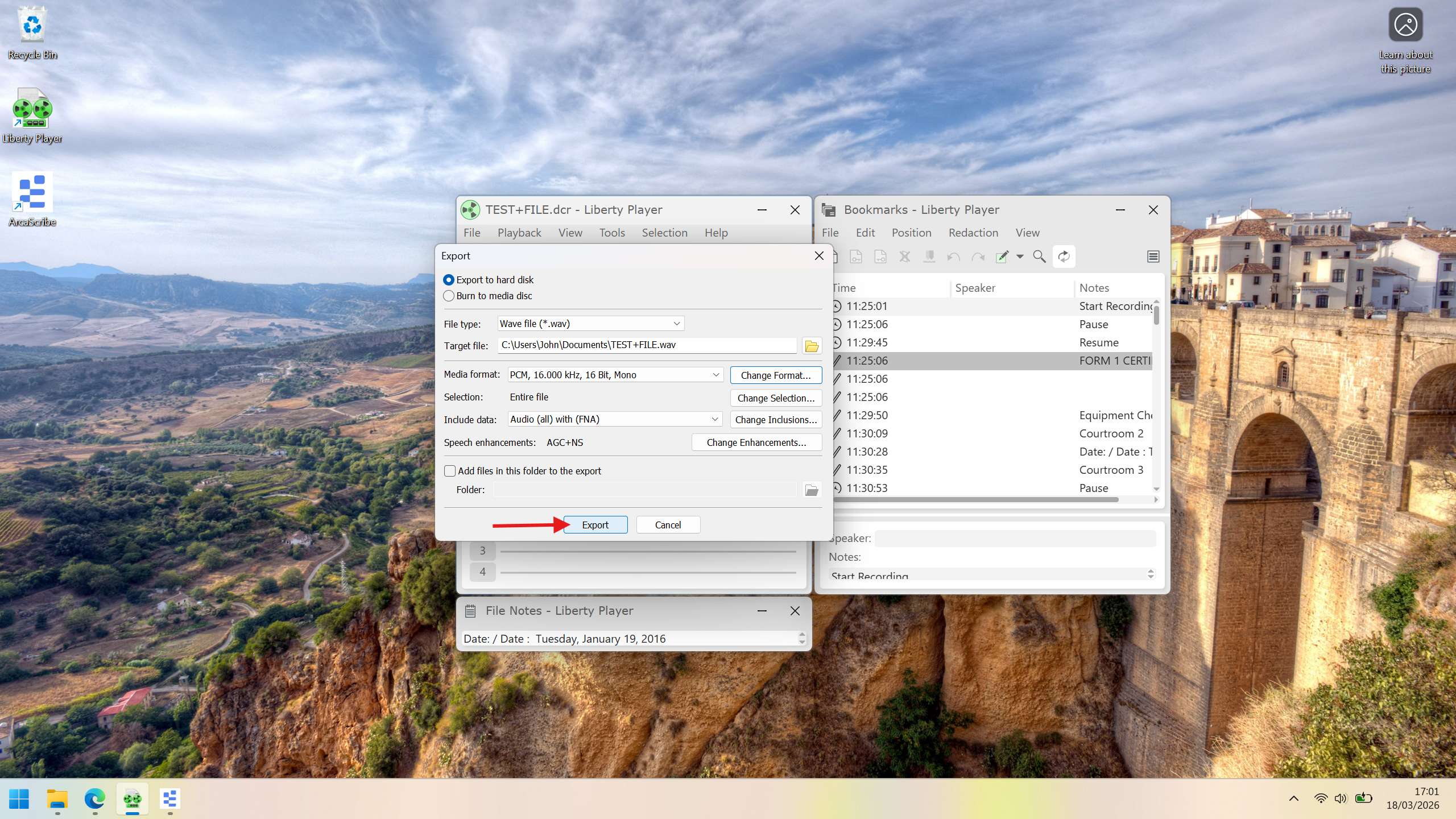 Export window showing the target file path and the Export button
