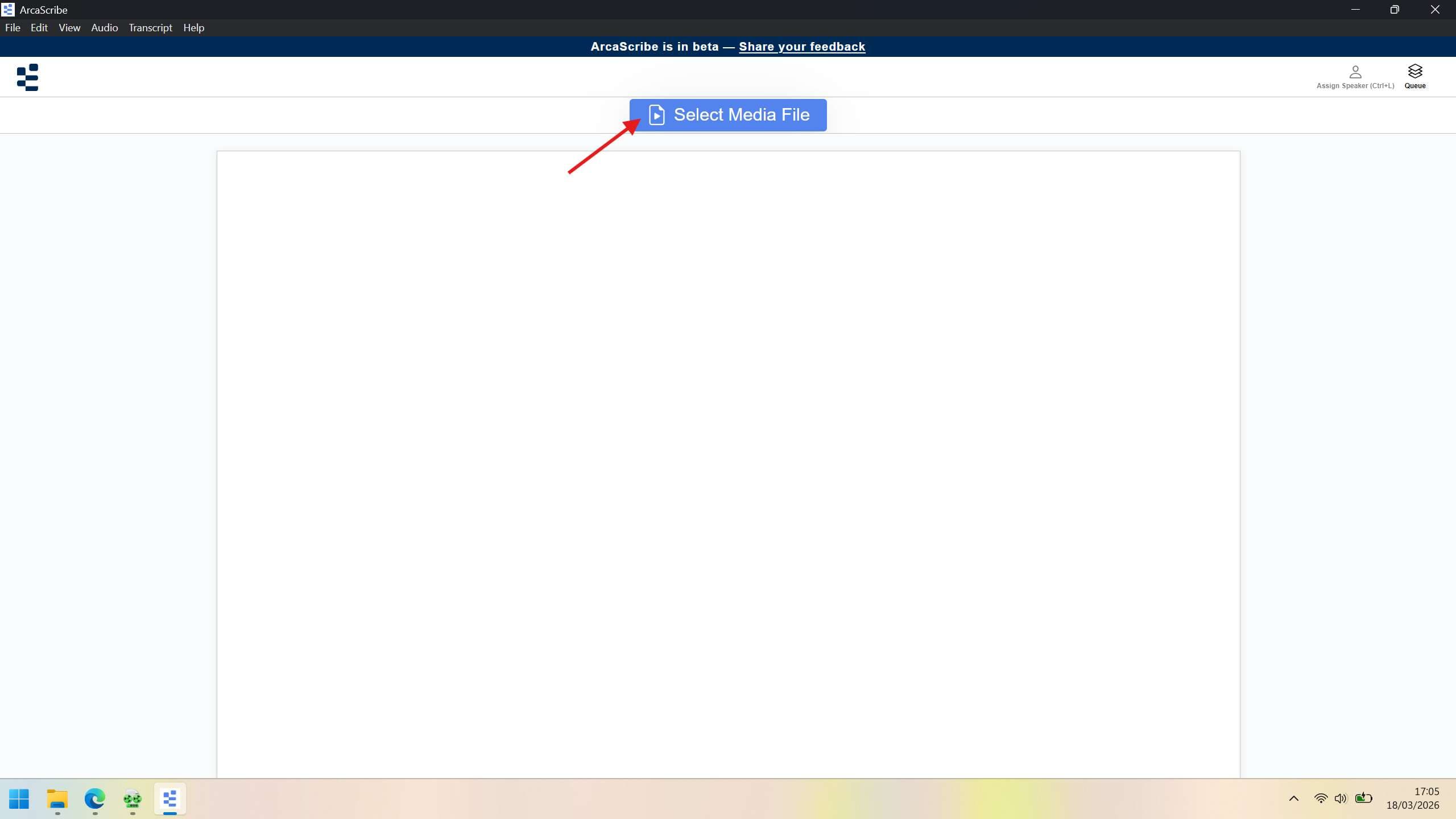 ArcaScribe main screen with the Select Media File button visible
