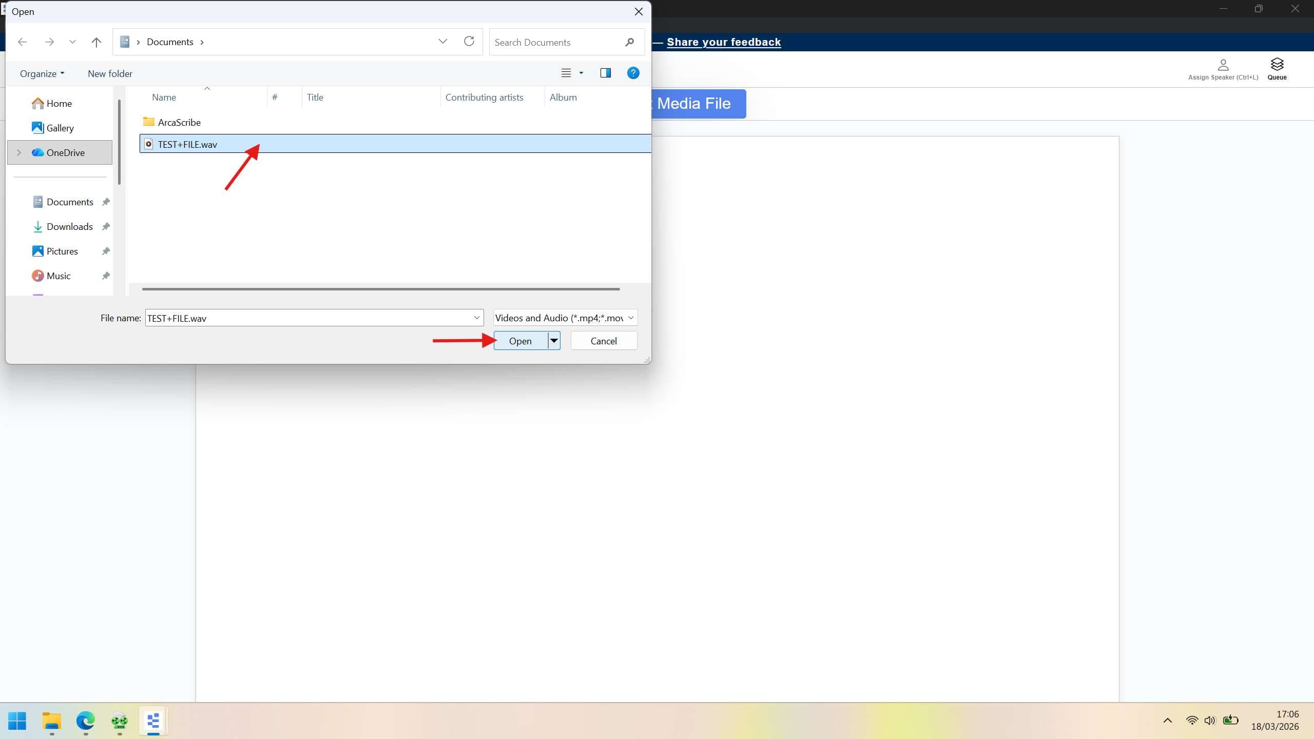 File explorer with the exported WAV file selected and the Open button visible