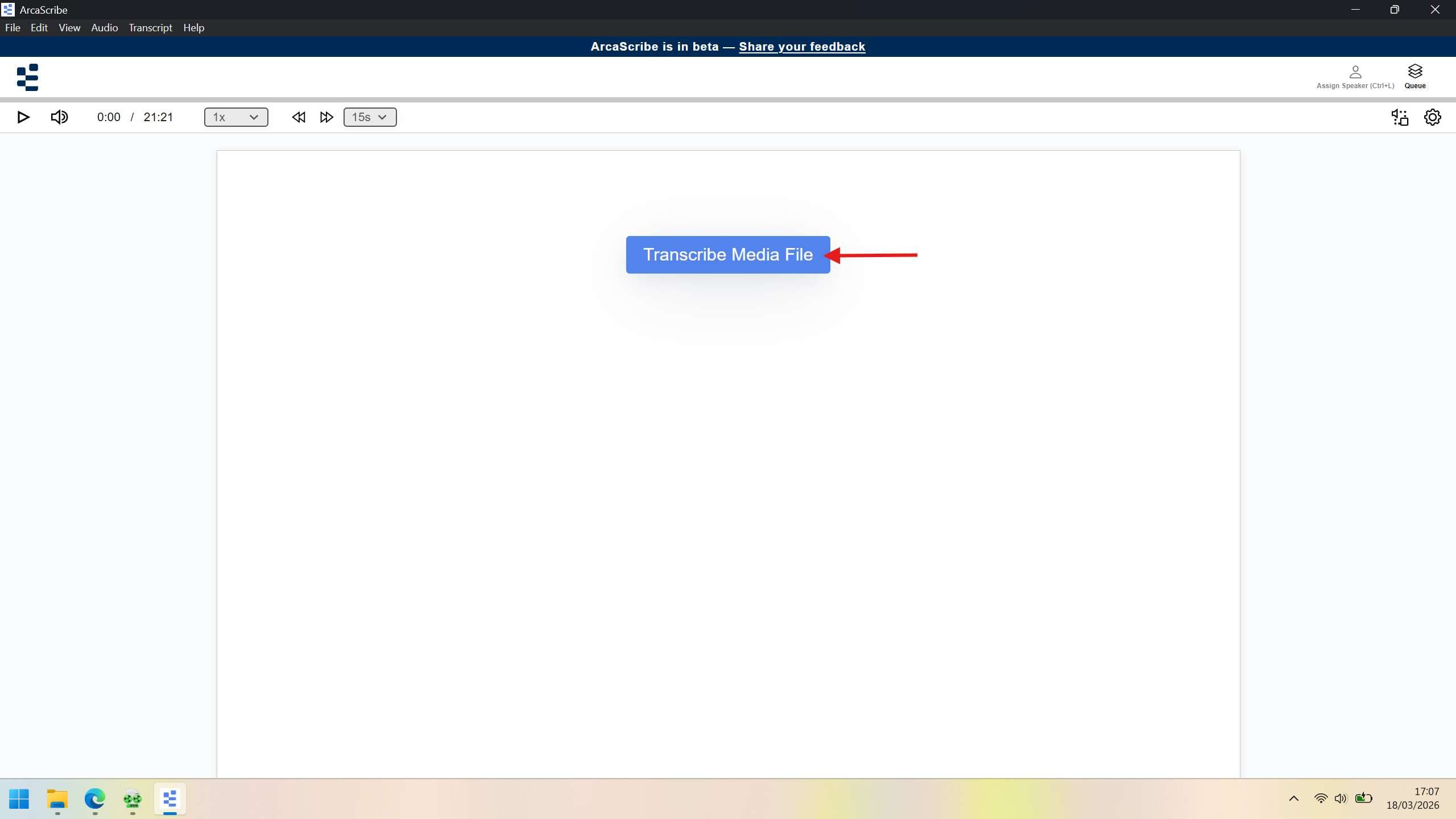 ArcaScribe with the WAV file loaded and ready for transcription