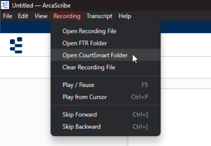 ArcaScribe with the Recording menu open and the Open CourtSmart Folder item highlighted