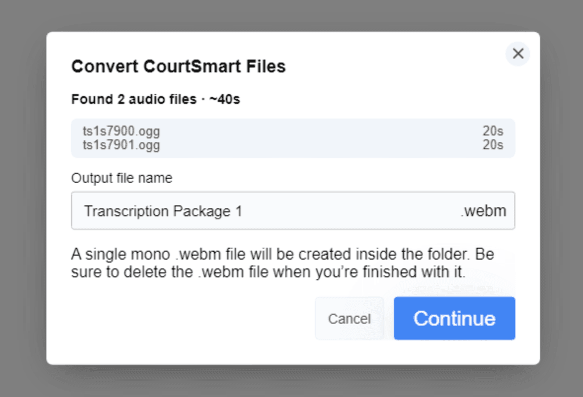 The Convert CourtSmart Files dialog listing the .ogg clips found and their total duration, with an output file name field