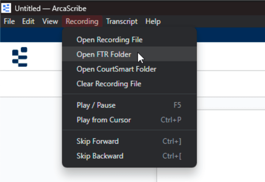 ArcaScribe with the Recording menu open and the Open FTR Folder item highlighted
