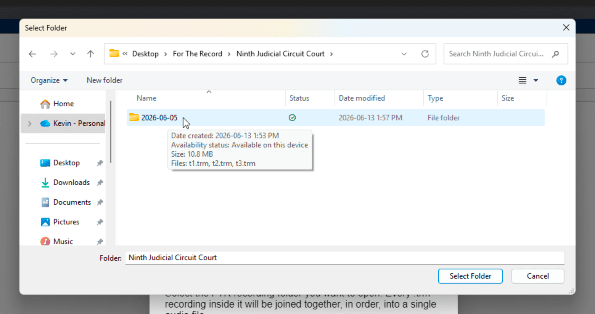 The system folder picker with an FTR recording folder selected