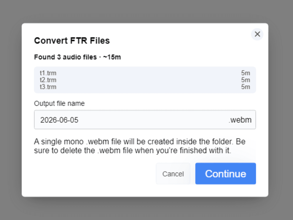 The Convert FTR Files dialog listing the .trm segments found and their total duration, with an output file name field